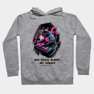 Techno cat - We only rave at night - Catsondrugs.com - rave, edm, festival, techno, trippy, music, 90s rave, psychedelic, party, trance, rave music, rave krispies, rave flyer Hoodie